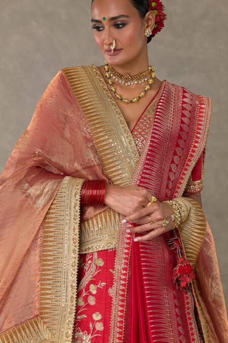 Masaba_Red Silk Embroidery, Mirrors V-neck Raw Bagh E Bahara Bridal Lehenga Set _at_Aza_Fashions
