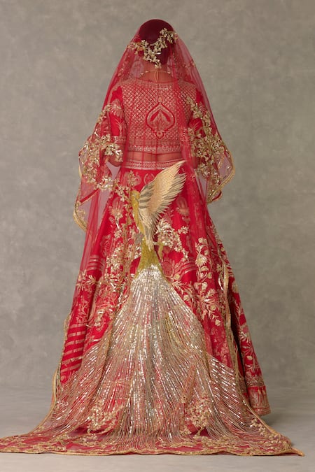 Shop_Masaba_Red Silk, Tulle Sequins V-neck Bagh E Bahara Embroidered Bridal Lehenga Set _at_Aza_Fashions