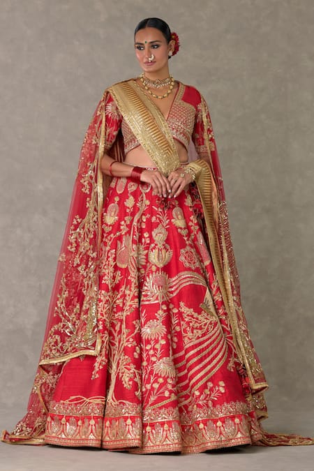 Masaba_Red Silk, Tulle Sequins V-neck Bagh E Bahara Embroidered Bridal Lehenga Set _Online_at_Aza_Fashions