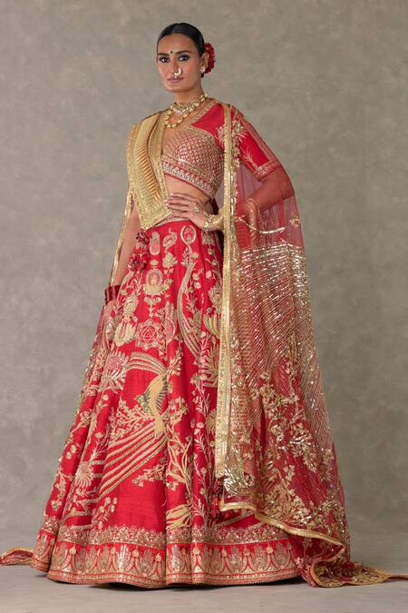 Buy_Masaba_Red Silk, Tulle Sequins V-neck Bagh E Bahara Embroidered Bridal Lehenga Set _Online_at_Aza_Fashions