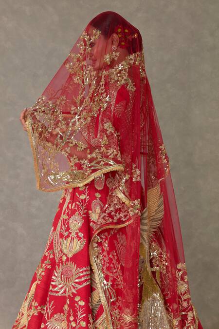 Masaba_Red Silk, Tulle Sequins V-neck Bagh E Bahara Embroidered Bridal Lehenga Set _at_Aza_Fashions