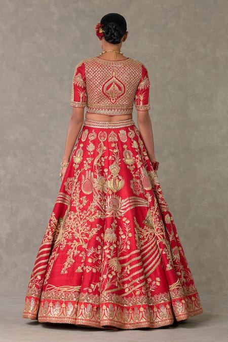 Shop_Masaba_Red Silk, Tulle Embroidery, Sequins V-neck Bagh E Bahara Bridal Lehenga Set _at_Aza_Fashions