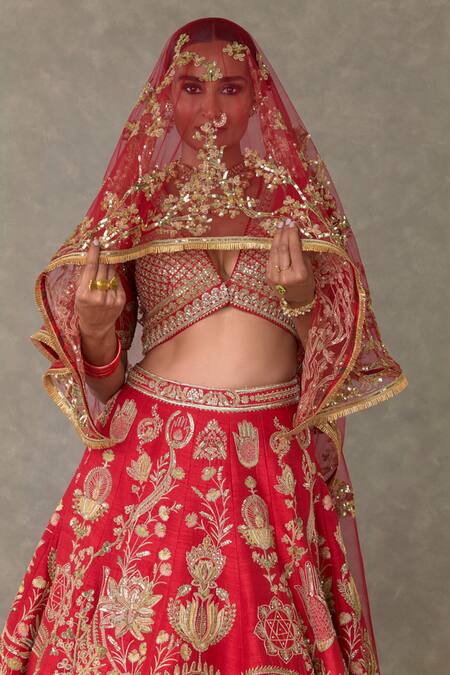 Masaba_Red Silk, Tulle Embroidery, Sequins V-neck Bagh E Bahara Bridal Lehenga Set _Online_at_Aza_Fashions