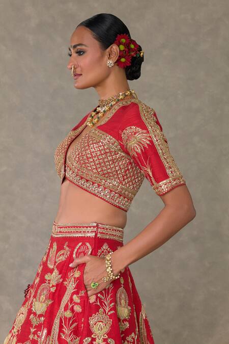 Buy_Masaba_Red Silk, Tulle Embroidery, Sequins V-neck Bagh E Bahara Bridal Lehenga Set _Online_at_Aza_Fashions