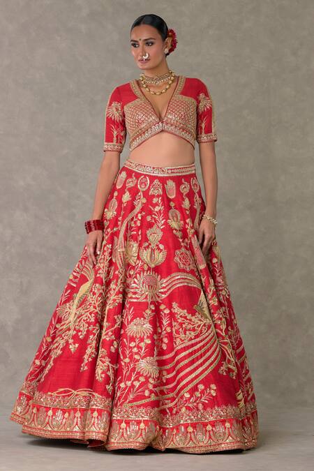 Shop_Masaba_Red Silk, Tulle Embroidery, Sequins V-neck Bagh E Bahara Bridal Lehenga Set _Online_at_Aza_Fashions