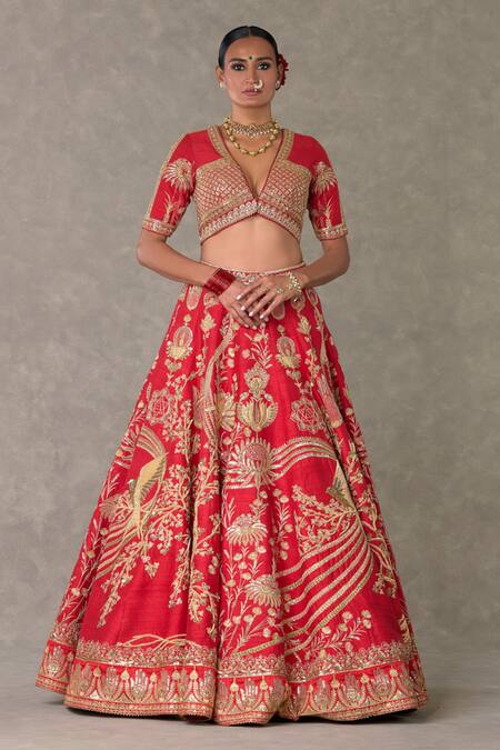 Masaba_Red Silk, Tulle Embroidery, Sequins V-neck Bagh E Bahara Bridal Lehenga Set _at_Aza_Fashions