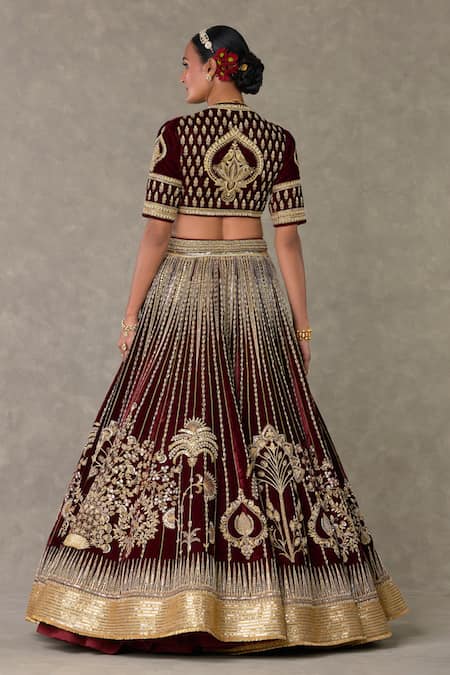 Shop_Masaba_Wine , Velvet, Organza Zari, Dil Chidiya Embroidered Bridal Lehenga Set _at_Aza_Fashions