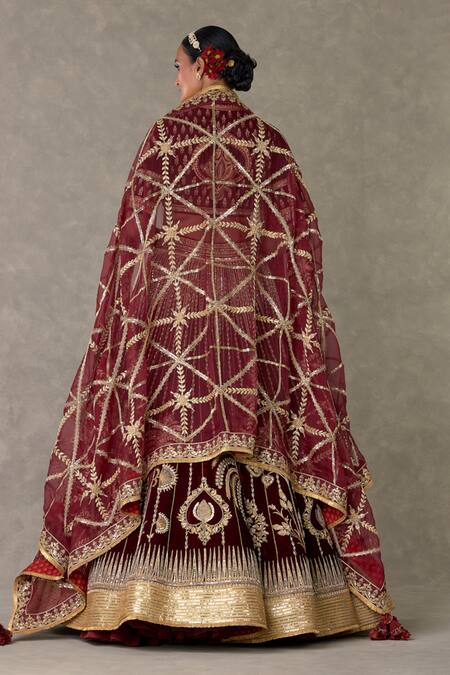 Masaba_Wine , Velvet, Organza Zari, Dil Chidiya Embroidered Bridal Lehenga Set _Online_at_Aza_Fashions