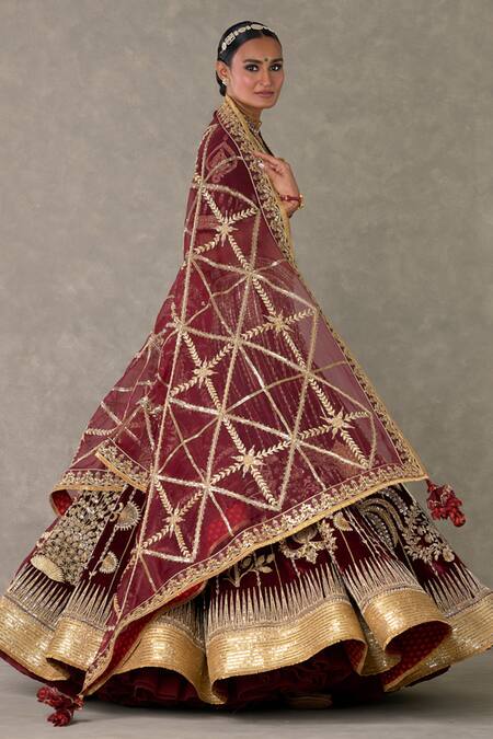 Buy_Masaba_Wine , Velvet, Organza Zari, Dil Chidiya Embroidered Bridal Lehenga Set _Online_at_Aza_Fashions