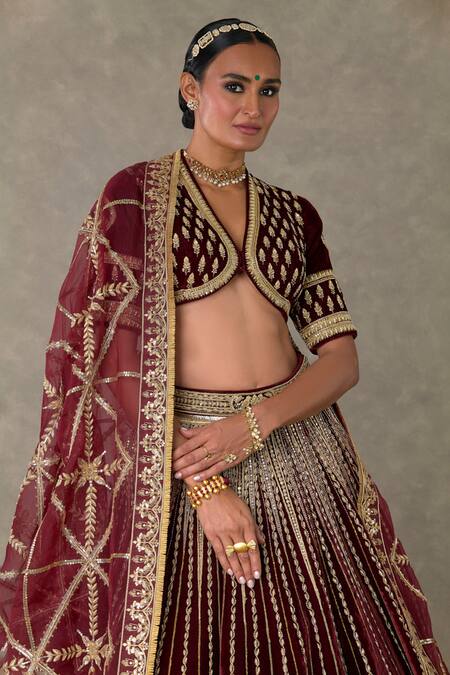 Shop_Masaba_Wine , Velvet, Organza Zari, Dil Chidiya Embroidered Bridal Lehenga Set _Online_at_Aza_Fashions
