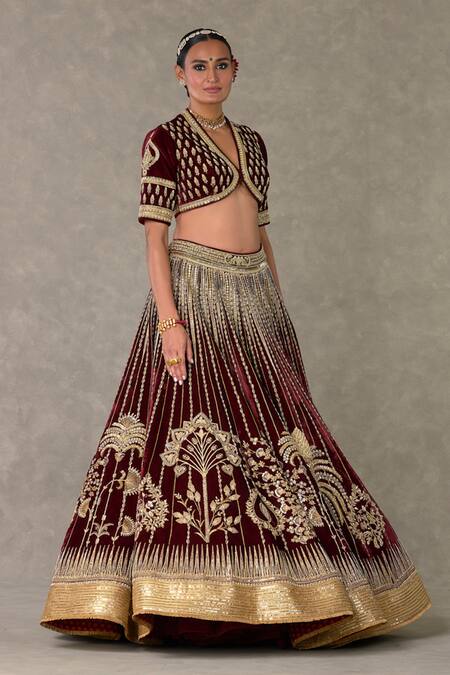Masaba_Wine , Velvet, Organza Zari, Dil Chidiya Embroidered Bridal Lehenga Set _at_Aza_Fashions