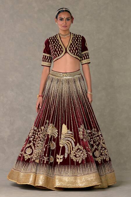 Buy_Masaba_Wine , Velvet, Organza Zari, Dil Chidiya Embroidered Bridal Lehenga Set 