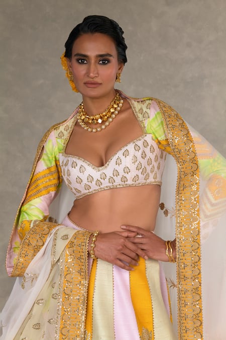 Shop_Masaba_Pink Organza, Silk Tassels, Embroidery Sweetheart Raw Nimbu Mirchi Lehenga Set 