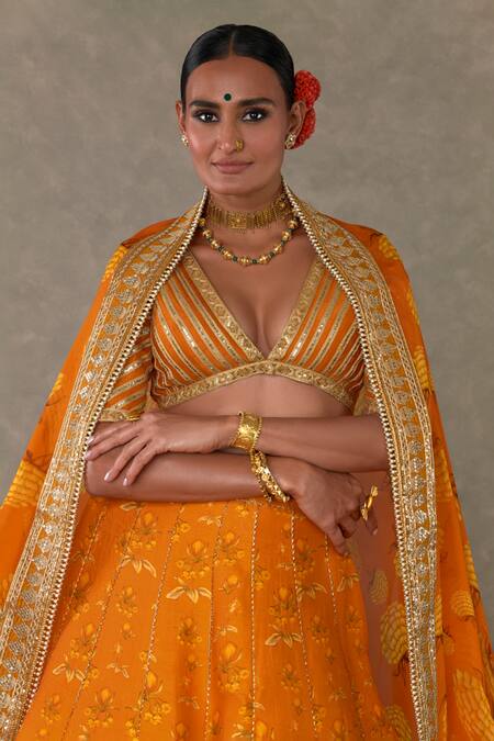 Masaba_Orange Silk, Organza Mirrors, Embroidery Bagh Digital Print Bridal Lehenga Set_Online_at_Aza_Fashions