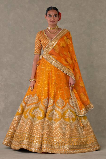 Shop_Masaba_Orange Silk, Organza Mirrors, Embroidery Bagh Digital Print Bridal Lehenga Set_Online_at_Aza_Fashions