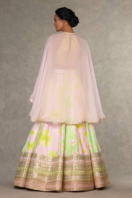 Shop Masaba Green Silk Embroidery Halter Summertime Parijat Sorbet Print Lehenga Cape Set at Aza Fashions Shop_Masaba_Green Silk Embroidery Halter Summertime Parijat Sorbet Print Lehenga Cape Set_at_Aza_Fashions