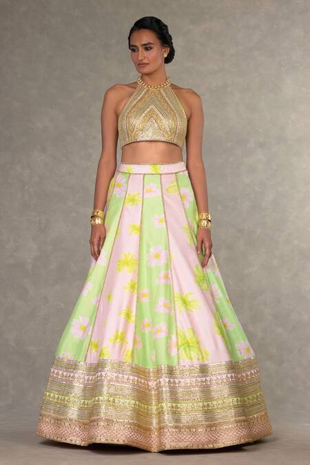 Buy Masaba Green Silk Embroidery Halter Summertime Parijat Sorbet Print Lehenga Cape Set Online at Aza Fashions Buy_Masaba_Green Silk Embroidery Halter Summertime Parijat Sorbet Print Lehenga Cape Set_Online_at_Aza_Fashions