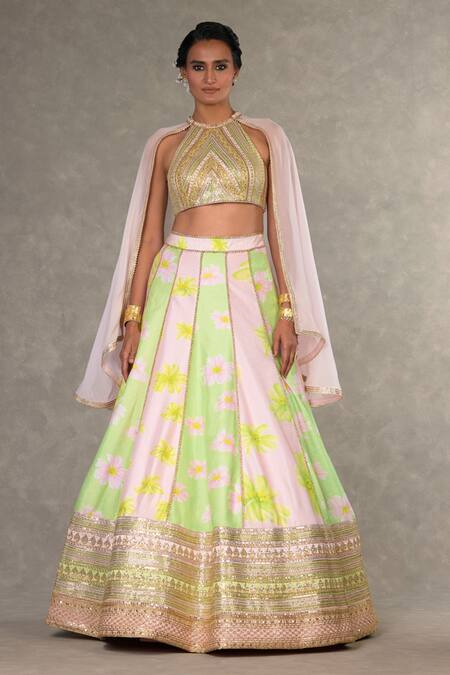 Shop Masaba Green Silk Embroidery Halter Summertime Parijat Sorbet Print Lehenga Cape Set Online at Aza Fashions Shop_Masaba_Green Silk Embroidery Halter Summertime Parijat Sorbet Print Lehenga Cape Set_Online_at_Aza_Fashions