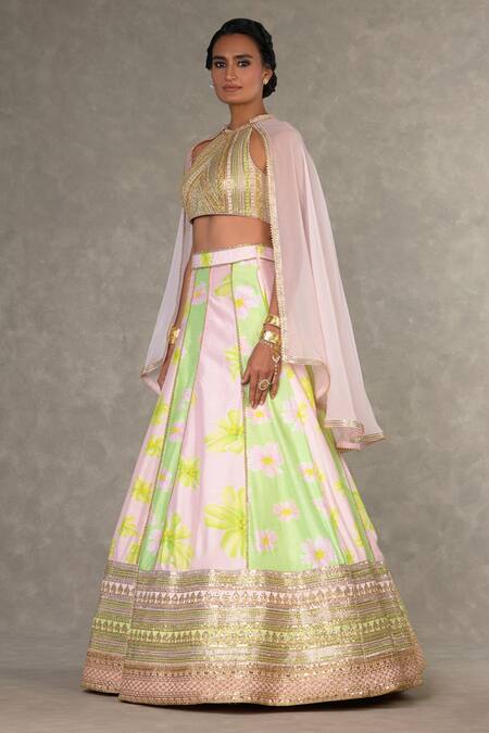 Masaba Green Silk Embroidery Halter Summertime Parijat Sorbet Print Lehenga Cape Set at Aza Fashions Masaba_Green Silk Embroidery Halter Summertime Parijat Sorbet Print Lehenga Cape Set_at_Aza_Fashions