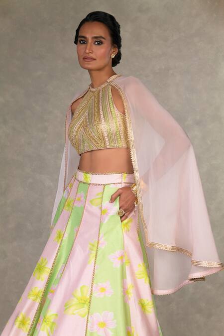 Buy Masaba Green Silk Embroidery Halter Summertime Parijat Sorbet Print Lehenga Cape Set Buy_Masaba_Green Silk Embroidery Halter Summertime Parijat Sorbet Print Lehenga Cape Set