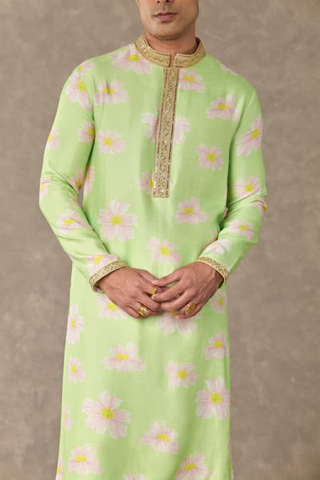 Masaba Green Silk Embroidery Parijat Flower Print Kurta Online at Aza Fashions Masaba_Green Silk Embroidery Parijat Flower Print Kurta_Online_at_Aza_Fashions