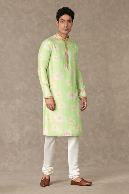 Masaba Green Raw Silk Printed Parijat Embroidered Kurta And Churidar Set 