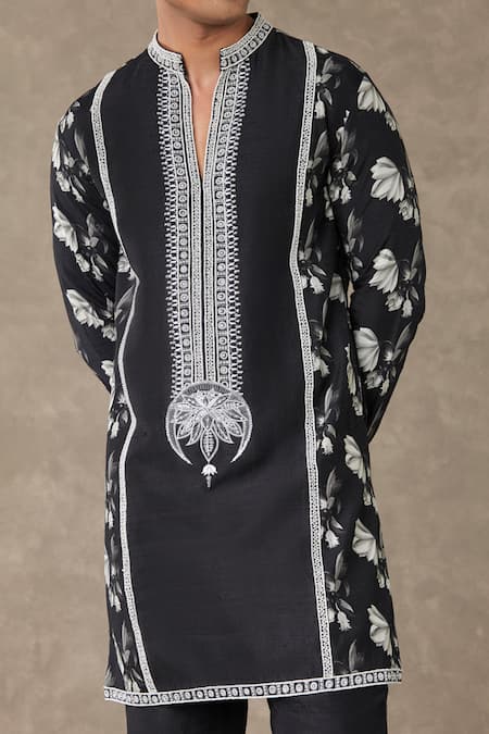 Masaba Black Raw Silk Embroidered Thread Floral Print Kurta Online at Aza Fashions Masaba_Black Raw Silk Embroidered Thread Floral Print Kurta_Online_at_Aza_Fashions