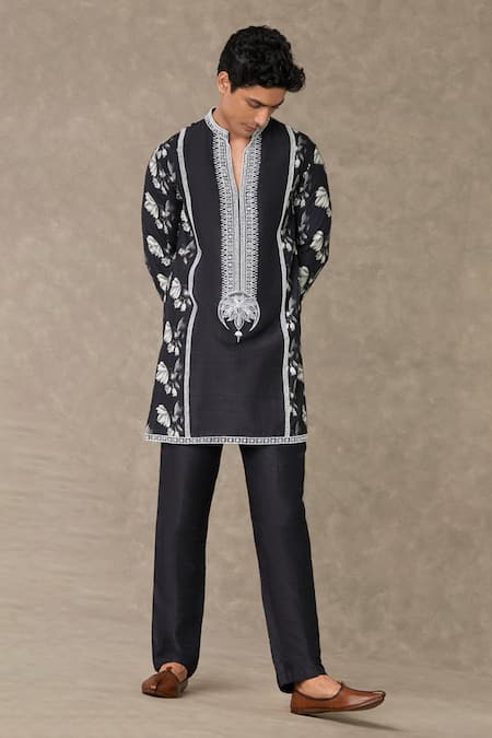 Shop Masaba Black Raw Silk Embroidered Thread Floral Print Kurta Online at Aza Fashions Shop_Masaba_Black Raw Silk Embroidered Thread Floral Print Kurta_Online_at_Aza_Fashions