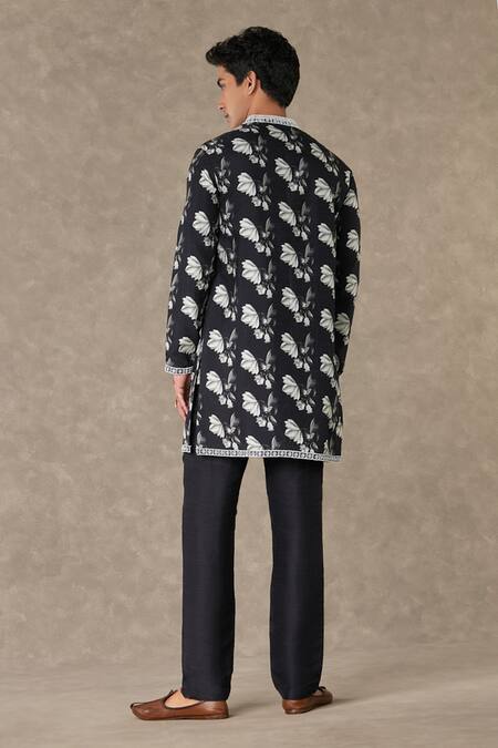 Shop_Masaba_Black Raw Silk Embroidered Thread Floral Print Kurta And Pant Set_at_Aza_Fashions