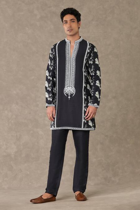 Masaba_Black Raw Silk Embroidered Thread Floral Print Kurta And Pant Set_Online_at_Aza_Fashions