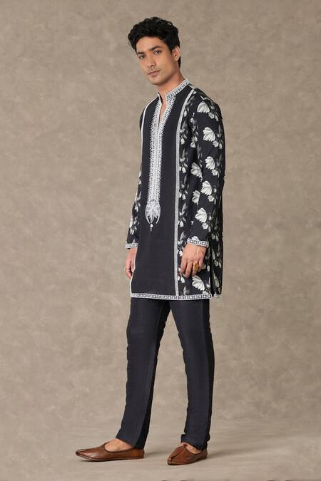 Buy_Masaba_Black Raw Silk Embroidered Thread Floral Print Kurta And Pant Set_Online_at_Aza_Fashions