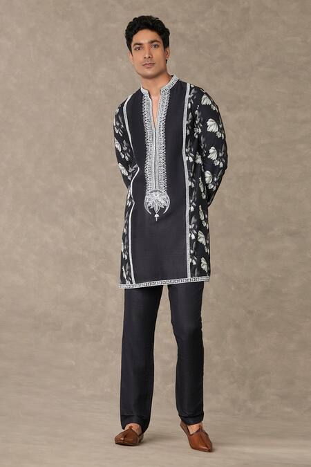 Shop_Masaba_Black Raw Silk Embroidered Thread Floral Print Kurta And Pant Set_Online_at_Aza_Fashions