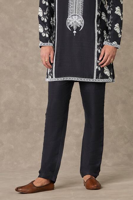 Masaba_Black Raw Silk Embroidered Thread Floral Print Kurta And Pant Set_at_Aza_Fashions