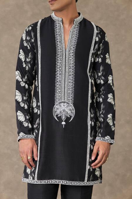 Buy_Masaba_Black Raw Silk Embroidered Thread Floral Print Kurta And Pant Set