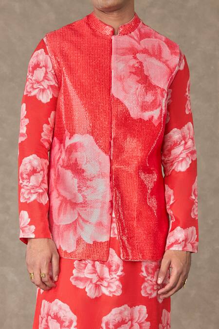 Masaba_Red Georgette, Silk Sequins Embroidered Bundi Kurta Set_Online_at_Aza_Fashions