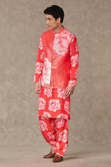 Masaba_Red Georgette, Silk Sequins Embroidered Bundi Kurta Set_at_Aza_Fashions