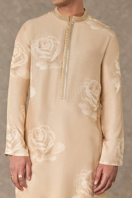 Masaba_Beige Raw Silk Printed Gulaab Kurta_Online_at_Aza_Fashions