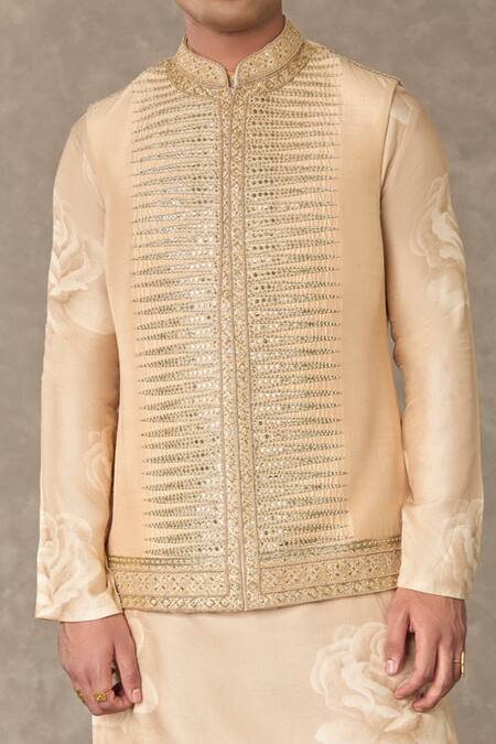 Masaba_Beige Silk Sequins, Diamonds Trikone Embroidered Bundi_at_Aza_Fashions