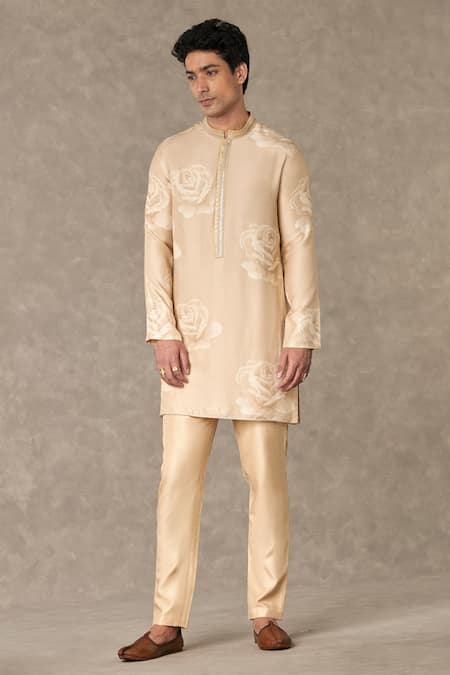 Buy_Masaba_Beige Raw Silk Printed Gulaab Kurta With Pant_Online_at_Aza_Fashions