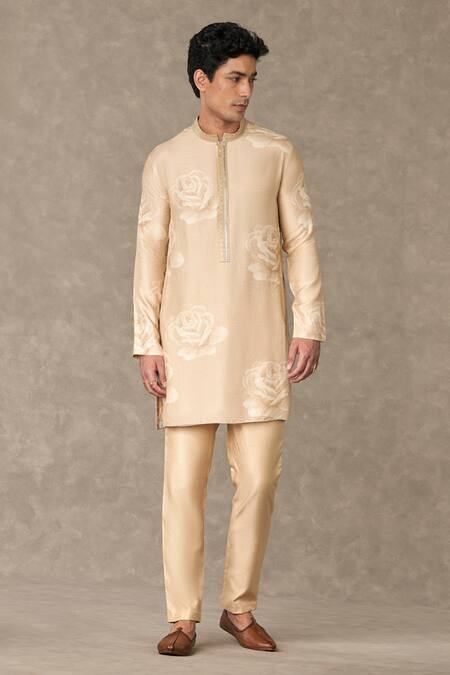 Masaba_Beige Raw Silk Printed Gulaab Kurta With Pant_at_Aza_Fashions