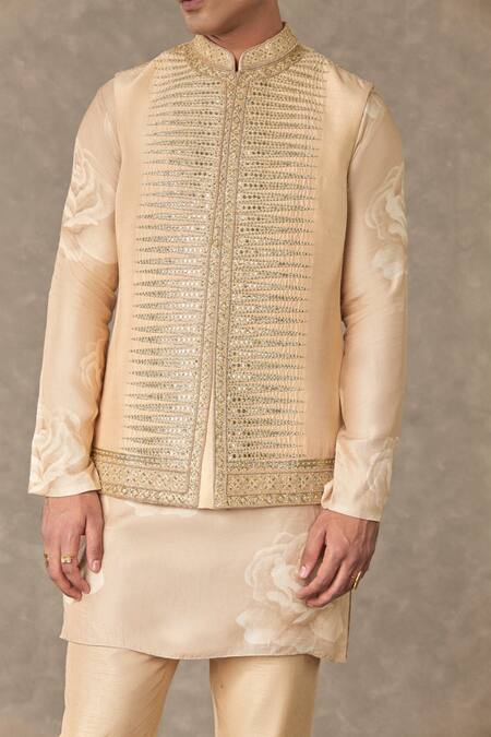 Masaba_Beige Silk Sequins, Diamonds Trikone Embroidered Bundi Kurta Set_Online_at_Aza_Fashions