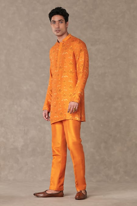 Buy_Masaba_Orange Silk Embroidery Floral Blossom Print Kurta_Online_at_Aza_Fashions