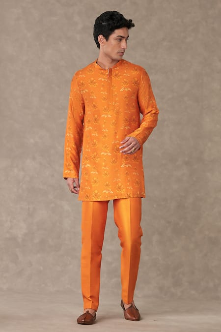 Shop_Masaba_Orange Silk Embroidery Floral Blossom Print Kurta_Online_at_Aza_Fashions