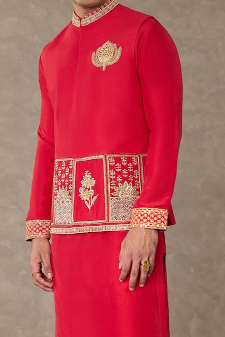Masaba_Red Silk Sequins Embroidered Dupion Bundi _Online_at_Aza_Fashions