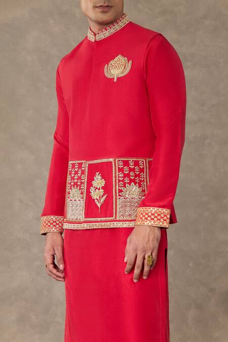 Masaba_Red Silk Sequins, Embroidery Bundi Kurta Set_Online_at_Aza_Fashions