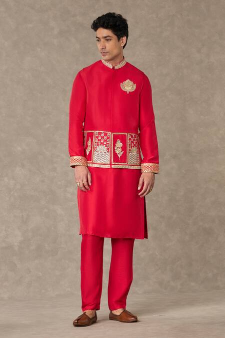 Shop_Masaba_Red Silk Sequins, Embroidery Bundi Kurta Set_Online_at_Aza_Fashions