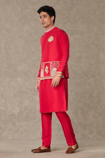 Masaba_Red Silk Sequins, Embroidery Bundi Kurta Set_at_Aza_Fashions