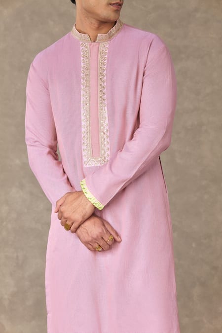 Masaba_Pink Tissue, Cotton Sequins Bloom Placket Embroidered Kurta With Pant_Online_at_Aza_Fashions