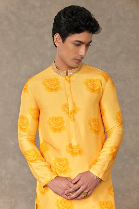 Masaba_Yellow Raw Silk Print Gulaab Kurta With Pant_Online_at_Aza_Fashions