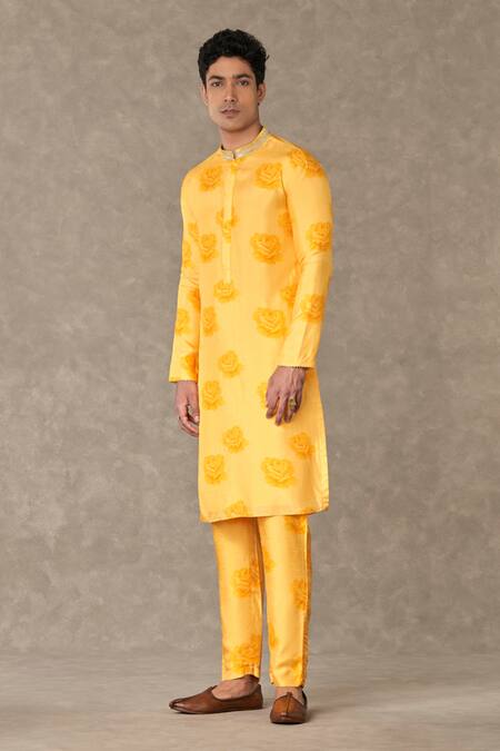Shop_Masaba_Yellow Raw Silk Print Gulaab Kurta With Pant_Online_at_Aza_Fashions